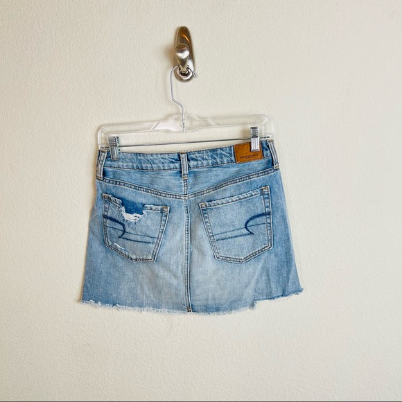 American Eagle High Rise Distressed Denim Crochet Detail Festival Mini Skirt - Picture 5 of 10